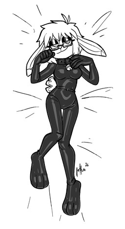 anthro bedroom_eyes bell bell_collar bodysuit breasts clothed clothed_anthro clothed_female clothing collar eyewear female glasses latex latex_bodysuit latex_clothing latex_skinsuit looking_at_viewer narrowed_eyes seductive skinsuit solo tight_clothing wearing_glasses lettuce_(artist) lagomorph leporid mammal rabbit 2026 absurd_res black_and_white hi_res monochrome
