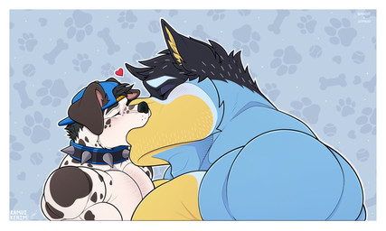 anthro anthro_on_anthro backwards_baseball_cap backwards_hat baseball_cap big_muscles blue_background blush border clothing collar deltoids duo eyebrows eyes_closed fur grey_border hair hat headgear headwear heart_symbol huge_muscles intraspecies kiss_on_lips kissing male male/male mature_male muscular muscular_anthro muscular_male nude pattern_background pecs simple_background size_difference spiked_collar spikes tuft kamui_behemoth bluey_(series) bandit_heeler domino_marino australian_cattle_dog canid canine canis cattledog dalmatian domestic_dog herding_dog mammal pastoral_dog 2023 hi_res