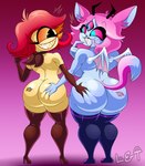 anthro big_butt blue_body butt butt_grab clothing duo female female/female freckles hair hand_on_butt horn kiss_mark kiss_mark_on_butt legwear nude pink_hair red_hair simple_background stockings tail wings yellow_body lechugansfw hazbin_hotel helluva_boss emberlynn_pinkle niffty_(hazbin_hotel) demon felid feline humanoid mammal hi_res