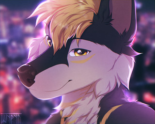 anthro backlighting black_body black_fur black_nose blonde_hair blurred_background city cityscape eye_markings facial_markings fur hair head_markings light looking_at_viewer markings mouth_closed multicolored_body multicolored_fur night short_hair smile solo white_body white_fur yellow_eyes shyryp canid canine canis mammal wolf 5:4 absurd_res digital_media_(artwork) headshot_portrait hi_res lighting portrait shaded