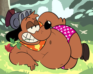 anthro armor belly boxers_(clothing) brown_body brown_fur clothing flower flower_in_mouth fur grin headgear helmet male navel nipples overweight plant rose_(flower) rose_in_mouth seductive smile solo toony underwear sealchomps puppy_guard russell_(puppy_guard) canid canine canis domestic_dog mammal hi_res