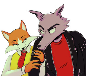 anthro arm_grab black_clothing black_jacket black_topwear clothed clothing duo eye_contact fur grey_body grey_fur jacket looking_at_another male multicolored_body multicolored_fur orange_body orange_fur red_clothing red_shirt red_topwear shirt simple_background smile topwear two_tone_body two_tone_fur vest white_background white_body white_clothing white_fur white_shirt white_topwear yellow_clothing yellow_topwear yellow_vest littledemo0n don't_eat_the_neighbours fox_(don't_eat_the_neighbours) wolf_(don't_eat_the_neighbours) canid canine canis fox mammal wolf 2026 digital_media_(artwork) hi_res