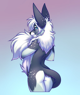 anthro arm_markings biped black_eyebrows black_nose blue_background blue_eyes butt closed_smile countershade_butt countershade_face countershade_fur countershade_legs countershade_torso countershading ear_markings eyebrow_through_hair eyebrows fluffy fluffy_tail fur gradient_background grey_body grey_fur grey_tail hair hip_markings leg_markings long_tail looking_at_viewer looking_back looking_back_at_viewer male male_anthro mane mane_hair markings monotone_hair mouth_closed multicolored_body multicolored_fur no_pupils nude nude_anthro nude_male pose purple_background rear_view shoulder_markings simple_background smile smiling_at_viewer solo spots spotted_arms spotted_body spotted_ears spotted_fur spotted_hips spotted_markings spotted_shoulders standing tail tail_hug tail_tuft three-quarter_view translucent translucent_hair tuft white_body white_countershading white_hair white_mane white_markings white_sclera white_spots white_tail_tuft white_tuft lockworkorange gindo mammal 2025 absurd_res digital_drawing_(artwork) digital_media_(artwork) hi_res pinup portrait three-quarter_portrait