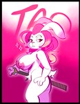 anthro big_breasts black_border bodily_fluids border breasts casual_nudity female fur hair melee_weapon nipples nude nude_anthro nude_female pink_background pink_hair short_stack side_view simple_background solo standing sweat sword weapon white_body white_fur gabbah gunfire_reborn tao_(gunfire_reborn) lagomorph leporid mammal rabbit 2022 character_name hi_res portrait three-quarter_portrait