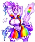 2020 absurd_res anthro big_breasts blue_hair breasts clothed clothing curvy_figure equid equine female front_view hair hi_res horn hourglass_figure lemonart maid_uniform mammal multicolored_clothing multicolored_hair mythological_creature mythological_equine mythology purple_body purple_hair rainbow_clothing solo thick_thighs tied_hair unicorn uniform white_body wide_hips