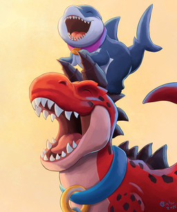 anthro blue_body collar duo feral horn male red_body sharp_teeth size_difference smile teeth oliverkinter marvel marvel_rivals moon_girl_and_devil_dinosaur devil_dinosaur_(moon_girl_and_devil_dinosaur) jeff_the_land_shark aquatic dinosaur fish prehistoric_species reptile scalie shark 5:6 absurd_res hi_res