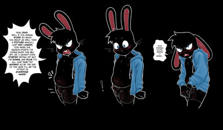 5_fingers angry anthro balls black_body black_fur blue_eyes blush blush_lines bottomwear bulge clothed clothing covering covering_crotch detailed_bulge dialogue embarrassed erection erection_under_clothing fingers fur genital_outline genitals hoodie jacket long_ears looking_at_viewer male nipples open_clothing open_mouth open_topwear penis_outline shorts simple_background slightly_chubby solo spandex spandex_shorts speech_bubble standing talking_to_viewer tenting text tight_bottomwear tight_clothing tight_shorts topwear young young_anthro young_male natsuinukashi lagomorph leporid mammal rabbit 2023 dark_theme digital_media_(artwork) english_text hi_res multiple_images