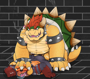 accessory anal anal_penetration anthro belly black_body black_fur bodily_fluids bottomless bottomless_male breath clothed clothing cock_ring collar dominant dominant_male drool_pool drooling duo from_behind_position fucked_silly fur genitals growling hat hat_over_eyes head_grab head_push headgear headwear jewelry jockey_position looking_pleasured lying male male/male moan motion_lines nipple_piercing nipples on_front onomatopoeia overweight overweight_anthro overweight_dom overweight_male overweight_top panting penetration penile penile_penetration penis penis_accessory penis_in_ass penis_jewelry piercing plap profanity prone_bone_position saliva sex size_difference smaller_penetrated smoke smoke_from_mouth sound_effects spiked_collar spikes text thrust_lines thrusting moonbeardusk mario_bros nintendo bowser dusk_(moonbeardusk) bear black_bear koopa mammal moon_bear scalie ursine english_text hi_res