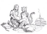 anthro biped book bookmark bottomwear candle claws clothed clothing duo eyebrows footwear fur gesture hair hand_gesture holding_book holding_object kneeling long_hair looking_down male markings open_mouth open_smile pants paper pointing reading reading_book shadow shirt shoes sitting smile smoke spots spotted_body spotted_fur spotted_markings spotted_tail striped_markings striped_tail stripes tail tail_markings tank_top topwear 0laffson john_(noyle) svea_(noyle) cheetah felid feline human mammal 2023 graphite_(artwork) monochrome signature traditional_media_(artwork)