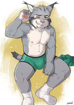 anthro bulge cheek_tuft claws clothing crooked_whiskers facial_tuft footwear front_view fur grey_body grey_fur grin male mostly_nude_anthro mostly_nude_male sitting smile socks solo teeth tuft underwear yellow_eyes luwei_(artist) pawbert_lynxley felid feline lynx mammal hi_res