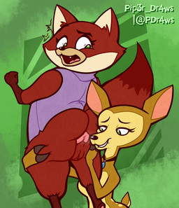 anthro anus aroused aroused_face aroused_female aroused_smile big_anus big_breasts big_butt breasts brown_body brown_fur butt collar duo female female/female fur green_eyes musk musky_anus puffy_anus smelly_anus smelly_butt spread_anus spread_butt spreading surprised tail unexpected yellow_body yellow_fur pip3r_dr4ws mating_season_(series) netflix fawn_(mating_season) penelope_(mating_season) canid canine deer fox mammal