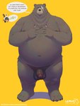 anthro anthro_focus areola balls barazoku belly belly_overhang big_belly claws dialogue duo flaccid foreskin front_view frown fur genitals gesture glans hand_gesture heart_symbol huge_belly humanoid_genitalia humanoid_penis kerchief machine male moobs navel nipples nude overweight overweight_anthro overweight_male penis plantigrade scar shadow simple_background solo_focus standing text thick_arms thick_thighs thumbs_up tuft unretracted_foreskin urethra yellow_background lemusuniverse mihoyo zenless_zone_zero ben_bigger eous_(zenless_zone_zero) bangboo bear mammal robot thiren 2025 absurd_res english_text hi_res url watermark