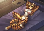 anthro bed bedroom blonde_hair blue_eyes breasts claws clothed clothing dog_tag_necklace female fluffy fluffy_tail fur furniture genitals hair looking_at_viewer lying markings nipples nude on_back on_bed orange_body orange_fur pussy shirtless solo striped_body striped_fur striped_markings striped_tail stripes tail tail_markings toe_claws topless piranha_fish felid mammal pantherine tiger hi_res