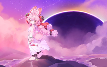 5_fingers ahoge anklet anthro barefoot blush braided_pigtails claws clothed clothed_anthro clothed_female clothing dress ear_piercing ear_ring feet female fingers flat_chested fully_clothed fully_clothed_anthro fully_clothed_female fur hair inner_ear_fluff jewelry outside paws piercing pink_body pink_fur pink_hair red_eyes ring_piercing sky solo standing tail tuft white_clothing white_dress lijun_mtgf mihoyo zenless_zone_zero zhao_(zenless_zone_zero) lagomorph leporid mammal rabbit thiren 2026 absurd_res hi_res