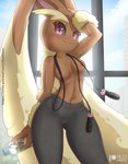 anthro areola blush bodily_fluids bottle bottomwear breasts clothed clothing container exposure_variation female front_view looking_at_viewer pants solo sweat topless water_bottle yoga_pants rilex_lenov nintendo pokemon lizzy_(rilex_lenov) generation_4_pokemon lopunny pokemon_(species) 2021