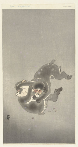 5_fingers 5_toes ambiguous_feral ambiguous_gender cjk_character duo feet feral fingers fur head_grab leg_grab lying on_back plantigrade playful playing quadruped short_tail simple_background tail text toes young young_ambiguous young_feral ohara_koson public_domain haplorhine mammal monkey primate 20th_century absurd_res ancient_art english_text hi_res traditional_media_(artwork)