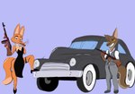 anthro car clothing costume female gangster male smoking vehicle weapon jrxt dreamworks the_bad_guys diane_foxington canid canine canis fox mammal wolf hi_res