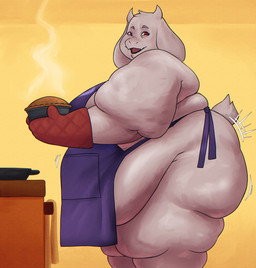 anthro apron apron_only belly big_belly big_butt breasts butt clothing eyelashes fat_arms fat_legs female female_anthro floppy_ears food fur handwear happy holding_food holding_object holding_pie horn huge_thighs kitchen mature_anthro mature_female motion_lines obese obese_anthro obese_female open_mouth open_smile oven_mitts overweight overweight_anthro overweight_female pastry pie pie_(food) purple_apron purple_clothing red_clothing red_eyes red_handwear red_oven_mitts scut_tail short_tail smile solo standing tail thick_thighs white_body white_fur heavenkahell undertale_(series) toriel boss_monster_(undertale) bovid caprine goat mammal 2026 colored digital_drawing_(artwork) digital_media_(artwork) hi_res shaded