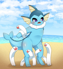 beach blue_body blue_sky blue_tail blush body_blush cloud day featureless_chest featureless_crotch feral group outside sand seaside semi-anthro size_difference sky tail teeth thick_tail tongue water white_body sum nintendo pokemon eeveelution generation_1_pokemon generation_9_pokemon pokemon_(species) vaporeon wiglett 2022 hi_res