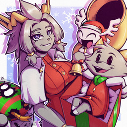 accessory ambiguous_gender anthro antlers avian_legs bell black_eyes bow_ribbon capelet christmas_clothing christmas_headwear clothing colored_egg diamond_eyes eyebrows eyelashes eyes_closed female fur grey_body grey_fur grey_hair group hair hair_accessory hair_ring hat headgear headwear holding_present holidays horn horn_(musical_instrument) looking_at_viewer musical_instrument open_mouth open_smile outline pillow purple_eyes red_clothing red_topwear red_vest santa_hat shirt simple_background smile snowflake_background text thick_eyebrows topwear vest white_body white_capelet white_clothing white_horn white_outline white_pillow white_shirt white_topwear wind_instrument yellow_horn unnotablejulz christmas pseudoregalia butler_(pseudoregalia) sybil_(pseudoregalia) avian bovid caprine goat half-hatched_egg_(pseudoregalia) jackalope lagomorph lil'_jeri_(pseudoregalia) mammal 1:1 2025 artist_name dated english_text hi_res