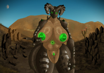 5_fingers anthro belly big_breasts breasts claws curvy_figure desert detailed_background female fingers genitals glowing glowing_eyes glowing_genitalia glowing_nipples glowing_vulva horn huge_breasts looking_at_viewer navel nipples nude smile solo tail thick_thighs voluptuous vulva wide_hips axelkirby fallout microsoft deathclaw glowing_deathclaw monster reptile scalie absurd_res digital_media_(artwork) hi_res huge_filesize