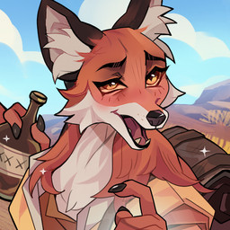 anthro bag blush bottle brown_body brown_eyes brown_fur cloud container day drunk female fur holding_alcohol holding_bottle holding_container holding_object looking_at_viewer open_mouth outside smile solo substance_intoxication tenebriscorvus paizo pathfinder pathfinder:_wrath_of_the_righteous nenio canid canine fox mammal 1:1 2022 digital_media_(artwork) portrait