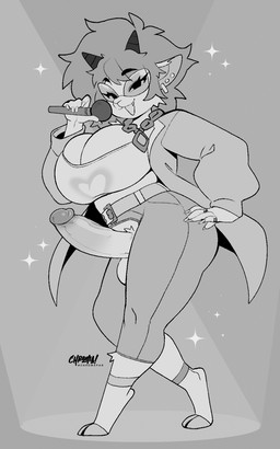 2_horns 5_fingers anthro balls big_breasts bottomwear breasts cleavage clothed clothing cloven_hooves crotchless_bottomwear crotchless_clothing crotchless_pants cute_fangs digit_ring digitigrade ear_piercing electronics eyebrow_through_hair eyebrows eyelashes eyewear fangs fingernails fingers genitals gynomorph gynomorph_anthro hair holding_microphone holding_object hooves horn intersex intersex_anthro jacket jewelry microphone nails necklace open_clothing open_jacket open_mouth open_smile open_topwear pants penis piercing smile solo sparkles spotlight sunglasses teeth topwear translucent translucent_hair chromapan bovid caprine goat mammal 2025 5:8 greyscale hi_res monochrome signature