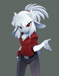 anthro black_clothing bottomwear clothing female grey_background looking_at_viewer pants red_clothing red_eyes simple_background smile solo bleedman helltaker goat_lucifer_(helltaker) bovid caprine caprine_demon demon goat goat_demon mammal 2021 hi_res