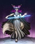 anthro big_breasts big_tail biped blue_eyes blue_hair blue_lightsaber breasts brown_body brown_fur cloak clothing dress female fur glowing hair holding_object holding_weapon jedi lightsaber long_hair looking_at_viewer melee_weapon multicolored_eyes multicolored_hair night purple_eyes purple_hair purple_nose sky solo standing star sword tail weapon eliana-asato star_wars aurora_(snowfallthepegasus) canid canine fox mammal 2015 hi_res