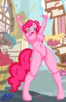 anthro anthrofied biped blue_eyes breasts confetti cutie_mark earth_pony equid equine female friendship_is_magic fur genitals hair hasbro hi_res horse looking_at_viewer mammal my_little_pony nipples nude open_mouth pink_body pink_fur pink_hair pinkie_pie_(mlp) pony presenting pussy skidd solo standing tail tongue