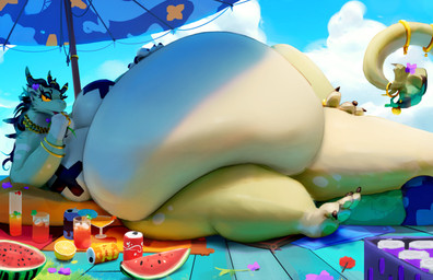 3_toes 4_fingers ambiguous_gender anthro beach belly big_belly big_breasts breasts container cup eating fangs feet fingers food fruit fur green_body hair hand_on_belly horn huge_belly jewelry looking_at_viewer lying melon necklace on_back orange_eyes overweight overweight_anthro pasties paws pillow plant sky solo tail teeth thick_tail thick_thighs toes watermelon wide_hips miluinaoxie mythology dragon furred_dragon furred_scalie mythological_creature mythological_scalie scalie 2024 colored digital_media_(artwork) hi_res