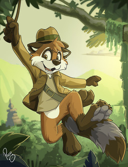 anthro bottomless brown_body brown_clothing brown_eyes brown_fur brown_hat brown_headwear brown_tail brown_topwear clothed clothing fangs featureless_crotch front_view fur green_eyes grey_clothing grey_tail grey_topwear hair hat headgear headwear logo looking_at_viewer male multicolored_eyes open_mouth open_smile orange_body orange_fur orange_hair outside red_tongue short_hair smile solo tail teeth tongue topwear two_tone_eyes young young_anthro young_male pandapaco mammal procyonid raccoon artist_logo signature