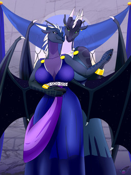 anthro banner bedroom_eyes big_breasts bracelet breasts cleavage clothed clothing dancing dress duo ear_piercing ear_ring eye_contact female female/female green_eyes half-closed_eyes hand_over_belly hands_touching jewelry looking_at_another narrowed_eyes necklace palace piercing purple_eyes ring_piercing romantic romantic_couple seductive spread_wings starry_wings wings blueondrive mythology wings_of_fire clearsight_(wof) listener_(wof) dragon mythological_creature mythological_scalie nightwing_(wof) scalie 3:4 absurd_res hi_res