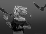 5_fingers ambiguous_gender anthro clothed clothing disembodied_hand eyelashes female female_focus fingers group hair holding_knife holding_object horizontal_pupils horn knife pupils simple_background solo_focus standing topwear trio admiralobster bovid caprine goat mammal greyscale monochrome signature