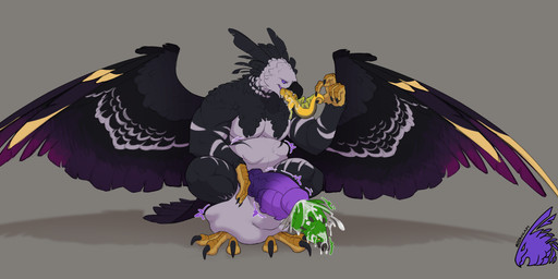 abdominal_bulge animal_genitalia animal_penis anthro balls beak belly big_balls big_belly big_penis black_body black_feathers bodily_fluids body_in_urethra claws cock_vore crouching erection feathers feet_first genital_fluids genitals group huge_balls huge_penis knot knotted_penis larger_pred logo male male/male male_pred multiple_prey nude nude_male nude_pred nude_prey oral_vore partially_inside penile penis precum purple_eyes purple_penis saliva simple_background size_difference tail teeth trio vore zeanlain vore_day vore_day_2023 zeanlain_(character) accipitrid accipitriform avian bird eagle harpy_eagle 2023 artist_logo colored hi_res