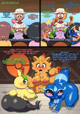 3_toes ambiguous_gender anthro asymmetrical_transformation beak beak_growth big_breasts black_hair blue_body blush breasts brown_body busty_feral butt clenched_teeth dialogue feet female feral genitals goo_transformation green_body group growth hair human_to_anthro human_to_feral looking_back looking_down loss_of_speech nipples open_mouth pawpads pink_hair pokemon_speak shortstack shrinking size_transformation smile species_transformation spread_legs spreading surprised tail talons teeth text toes tongue tongue_out transformation transformation_sequence translation_within_image vulva flybeeth zorym nintendo pokemon female_protagonist_(pokemon_wiwa) male_protagonist_(pokemon_wiwa) avian browt canid canine ditto_(pokemon) gecko gecqua generation_10_pokemon generation_1_pokemon human lizard mammal pokemon_(species) pombon reptile scalie 2026 absurd_res artist_collaboration comic digital_media_(artwork) english_text hi_res