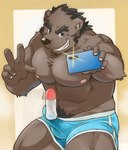 anthro black_body black_fur black_nose brown_body brown_fur bulge cellphone clothed clothing detailed_bulge electronics erection erection_under_clothing fur genital_outline humanoid_hands kemono male nipples penis_outline phone smartphone solo underwear inuryu shampoo_challenge bear mammal meme