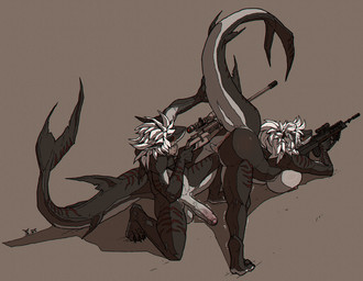 aiming_gun anthro anus ass_up bad_trigger_discipline barely_visible_nipples big_breasts big_butt big_penis black_sclera blush bodily_fluids bottomwear breasts breasts_on_ground butt claws clothed clothing dorsal_fin duo f90 feet female fin foreskin genital_fluids genitals green_bottomwear green_clothing green_pants grey_body gun hair hand_on_tail hindpaw holding_gun holding_object holding_ranged_weapon holding_rifle holding_weapon huge_breasts huge_penis jack-o'_pose knee_on_pussy kneeling male male/female markings nipples nude nude_female nude_male pants paws penis ponytail pose pussy_fins raised_tail ranged_weapon red_eyes red_stripes rifle shadow shake_lines sniper_rifle steyr_scout striped_markings striped_tail stripes swimwear tail tail_fin tail_markings toe_claws vaginal_fluids vulva weapon white_hair white_sclera alexandrys alik_(tiger74005) sasha_(tiger74005) aquatic fish requiem_shark shark tiger_shark 2025 chromatic_aberration digital_drawing_(artwork) digital_media_(artwork) hi_res shaded signature