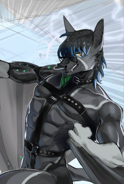 anthro belt biceps black_body bondage_gear facial_piercing flexing harness harness_only machine male muscular nose_piercing piercing solo yudvacof bat mammal robot hi_res