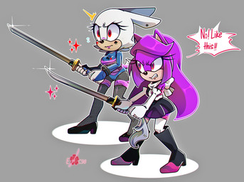 5_fingers anthro bent_leg black_clothing black_dress black_footwear black_high_heeled_boots black_high_heels black_nose blue_bodysuit blue_clothing blue_skinsuit blush blush_lines bodily_fluids bodypaint bodysuit boots breasts closed_frown clothed clothed_anthro clothed_female clothing dialogue dress duo exclamation_point eyelashes face_paint female female_anthro fingers fishnet_clothing fishnet_leggings fishnet_legwear fist footwear frown fur furrowed_brow glint gloves grey_background hair handwear high_heeled_boots high_heels holding_katana holding_melee_weapon holding_object holding_sword holding_weapon katana kerchief leggings legwear light lips long_ears long_hair looking_at_another melee_weapon mouth_closed multicolored_clothing multicolored_dress neckerchief neckwear nervous nervous_sweat no_eyebrows outline pink_lips purple_body purple_clothing purple_fur purple_hair purple_legband purple_topwear red_eyes shoes simple_background skinsuit smile smiling_at_viewer solo sparkles speech_bubble sweat sword tail tan_body tan_inner_ear tan_skin text thick_bottom_lip tight_clothing topwear weapon white_body white_clothing white_fur white_gloves white_handwear white_kerchief white_knee_socks white_neckerchief white_outline white_tail wobbly_mouth yelling yelling_at_another eiffia sega sonic_the_hedgehog_(series) fan_character flo_(pprovidedduck) zeki_(eiffia) domestic_cat felid feline felis lagomorph leporid mammal rabbit 2021 artist_name colored digital_drawing_(artwork) digital_media_(artwork) english_description english_text hi_res lighting shaded