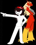 black_eyes blue_eyes brown_hair collar crossed_arms feathers female gesture hair hand_gesture kerchief pointing red_body red_feathers yellow_body yellow_feathers yellow_sclera youtuber frostbitewhiteknight nintendo nuzlocke pokemon youtube jaiden_animations teriyaki_(jaidenanimations) blank_humanoid blaziken generation_3_pokemon human humanoid mammal pokemon_(species) absurd_res alpha_channel hi_res signature watermark