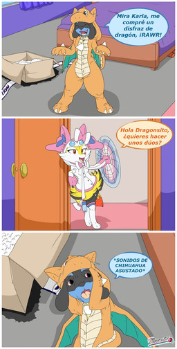 ambiguous_gender anthro bed bodily_fluids box claws clothing container cosplay costume fake_tail fake_wings fangs fur furniture grey_body grey_fur legwear multicolored_body open_mouth orange_eyes paws pokemorph red_eyes solo speech_bubble spikes spikes_(anatomy) tail tears teeth text tongue white_body white_fur yellow_body yellow_fur lolpuny87 nintendo pokemon braixen canid canine dragonite eeveelution generation_1_pokemon generation_4_pokemon generation_6_pokemon lucario mammal pokemon_(species) sylveon 2025 comic hi_res signature spanish_text translated