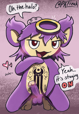 2_toes balls balls_blush big_ears blush body_blush chest_tattoo dialogue fake_halo feet fur genitals hair half-closed_eyes halo heart_symbol humanoid_genitalia humanoid_penis kneeling leg_tattoo lubricated male narrowed_eyes open_mouth open_smile penis purple_body purple_fur smile solo speech_bubble suggestive tan_body tan_fur tattoo text thigh_tattoo toes pkfreak nintendo pokemon dusk_(psykwol) aipom generation_2_pokemon haplorhine mammal monkey pokemon_(species) primate english_text hi_res nonbinary_(lore)