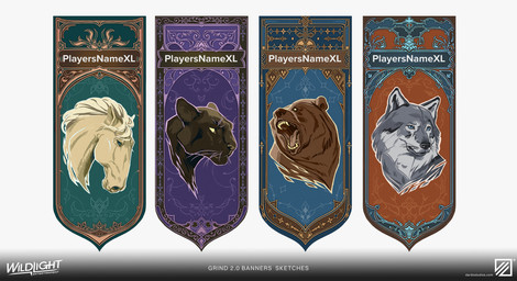 ambiguous_feral ambiguous_gender banner black_body black_fur black_nose blonde_mane blue_eyes brown_body brown_fur brown_tongue company_logo company_name empty_eyes fangs feral fur gradient_background grey_body grey_fur grey_nose group light mane mouth_closed multicolored_body multicolored_fur number open_mouth purple_whiskers short_mane simple_background tan_body tan_fur teeth text tongue whisker_spots whiskers yellow_sclera byanka_li highguard_(game) bear brown_bear canid canine canis equid equine felid horse mammal pantherine ursine wolf 2026 absurd_res colored concept_art digital_drawing_(artwork) digital_media_(artwork) english_description english_text hi_res lighting multiple_images official_art shaded url