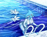 5:4 anthro azelf big_breasts bikini breasts cleavage clothed clothing curvy_figure eyes_closed female generation_4_pokemon hi_res lake_guardians latiar legendary_pokemon legendary_trio nintendo outside pokemon pokemon_(species) solo swimming_pool swimwear water