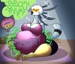 anthro anthro_pred anthro_prey beak belly big_belly big_breasts bodily_fluids breasts burping cleavage clothed clothing detailed_background digestion digestion_noises eyes_closed feathers female female_pred glistening glistening_breasts grey_beak huge_belly inside leotard oral_vore purple_clothing purple_leotard sitting stomach_acid struggling struggling_prey talking_to_another text thick_thighs tight_clothing unwilling_prey vore white_body white_feathers wide_hips the_hookaloof aggretsuko sanrio retsuko secretary_washimi accipitriform ailurid avian bird mammal red_panda secretary_bird absurd_res english_text hi_res