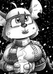 anthro big_breasts breasts buckteeth clothing container cup cybernetic_arm cybernetic_limb female gloves handwear holidays lower_lip mug night notched_ear plant scarf snow snowing solo sweater teeth topwear tree drake_fenwick christmas whiskers_(duneari) mammal mouse murid murine rodent 2019 hi_res monochrome