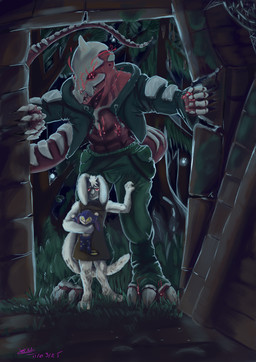 anthro blood bodily_fluids bone brown_clothing claws clothed clothing dark_fantasy door doorway duo feet finger_claws fingers fir_tree forest front_view fur grass green_clothing holding_object holding_plushie jacket male night open_clothing open_jacket open_topwear pants_grab plant plantigrade plushie red_body red_eyes red_skin ruins scorched scratch_mark size_difference skull skull_head spider_web teeth topwear tree white_body white_fur young azucorp_(director) brim_(azucorp) mephy_(azucorp) ambient_fairy hybrid lagomorph leporid mammal monster rabbit reptile scalie absurd_res digital_media_(artwork) digital_painting_(artwork) hi_res huge_filesize painting_(artwork)