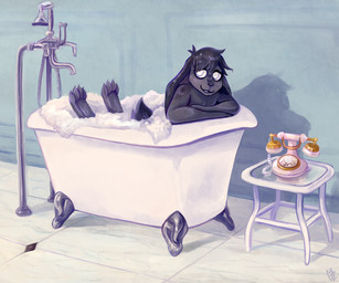anthro bath bathing bathtub bubble claw_foot_bathtub electronics furniture landline_phone looking_at_viewer male partially_submerged phone relaxing rotary_phone solo table white_eyes geckozen jay_(rabbit) lagomorph leporid mammal rabbit