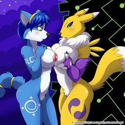 abstract_background anthro armwear armwear_only asymmetrical_breast_frottage big_breasts black_sclera blue_body blue_eyes blue_fur blue_hair blush breast_size_difference breast_squish breasts breasts_frottage bridal_gauntlets bridal_gauntlets_only butt cheek_tuft clothing comparing comparing_breasts countershading detailed_background dipstick_ears dipstick_tail duo ear_markings embarrassed eyebrows eyelashes facial_markings facial_tuft female female/female fur genitals green_eyes hair hand_on_breast head_markings looking_down markings mostly_nude multicolored_body multicolored_ears multicolored_fur multicolored_tail navel neck_tuft nipples nipples_touching nude rubbing short_hair side_view squish standing tail tail_markings text tuft two_tone_body two_tone_fur two_tone_tail vulva white_body white_fur white_tail yellow_body yellow_fur yellow_tail yin_yang lonbluewolf bandai_namco digimon nintendo star_fox krystal_(star_fox) canid canine digimon_(species) fox mammal renamon 1:1 2010 crossover digital_media_(artwork)
